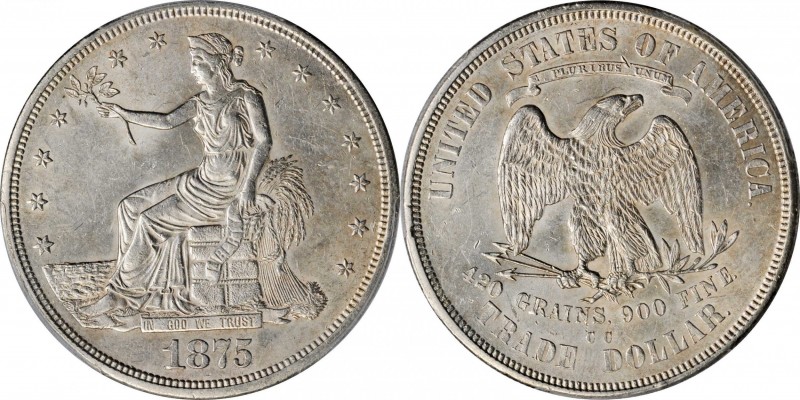 1875-CC Trade Dollar. Type I/I. MS-62 (PCGS).

Brilliant satin white surfaces ...