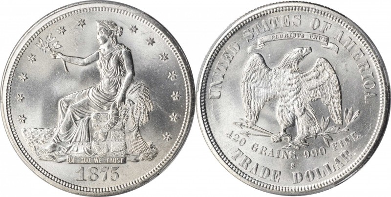 1875-S Trade Dollar. Type I/II. MS-65 (PCGS).

Intense satin white luster is s...