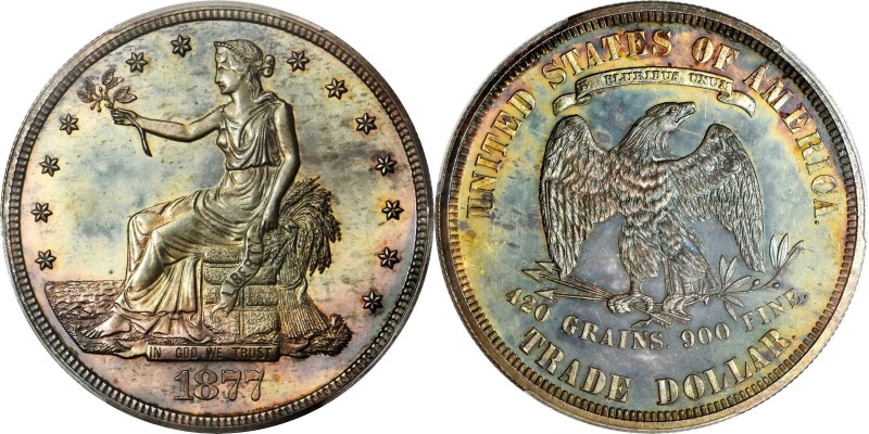 1877 Trade Dollar. Proof-65 (PCGS).

Richly original surfaces are layered in h...