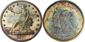 1877 Trade Dollar. Proof-65 (PCGS).

Richly original surfaces are layered in handsome olive-gray, pinkish-rose, lilac and cobalt blue shades. The to...