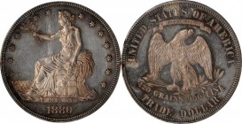 1880 Trade Dollar. Proof-61 (PCGS).

A predominantly silver-gray example with warmer olive and reddish-apricot outlines to many of the design elemen...