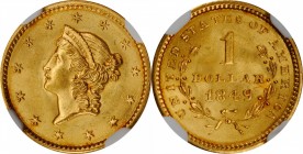 1849 Gold Dollar. Dannreuther-4. Open Wreath, With L, Normal Border, Close Stars. MS-64 (NGC). CAC.

Attractive satin surfaces display vivid bright ...