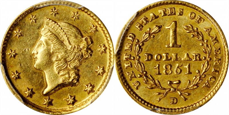 1851-D Gold Dollar. AU-58 (PCGS).

Very well defined for a Dahlonega Mint gold...