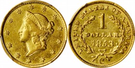 1853-C Gold Dollar. AU-50 (PCGS).

This overall boldly defined example has glints of original luster shining forth nicely from evenly patinated, med...