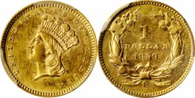 1859-S Gold Dollar. AU-58 (PCGS).

The satiny to softly frosted surfaces are almost fully lustrous. Warm medium gold patina and a razor sharp strike...
