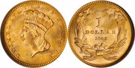 1862 Gold Dollar. MS-66 (NGC). CAC. OH.

Rich orange-gold patina and lovely mint luster blend over both sides of this premium Gem. Full, razor sharp...