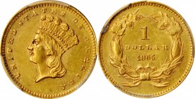 1865 Gold Dollar. AU-58 (PCGS). CAC.

This richly patinated honey-orange gold dollar offers sharp striking detail, nearly full mint luster and pleas...