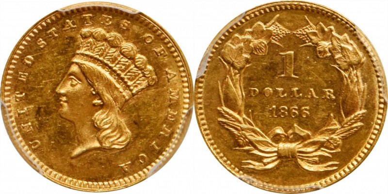 1866 Gold Dollar. MS-61 (PCGS).

This attractive gold dollar displays bold lus...
