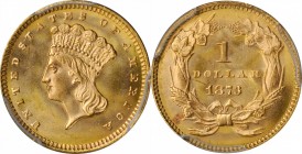 1873 Gold Dollar. Open 3. MS-65 (PCGS). CAC.

A truly superior example with stunning eye appeal and impressive technical quality. The faint reflecti...