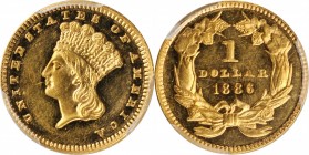 1886 Gold Dollar. JD-1. Rarity-4. Centered Date. Proof-62 Cameo (PCGS).

Frosty design elements are set against mirrored fields on both sides of thi...