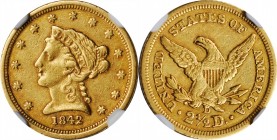 1842-D Liberty Head Quarter Eagle. AU-53 (NGC).

Pleasing honey-gold patina blankets both sides, and the major design elements are boldly defined ap...