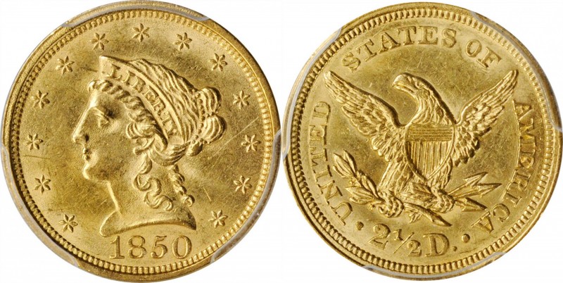 1850 Liberty Head Quarter Eagle. MS-62 (PCGS).

The pale golden-wheat surfaces...