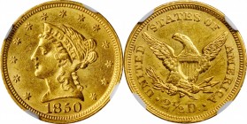 1850 Liberty Head Quarter Eagle. MS-62 (NGC).

Satiny to softly frosted luster mingles with warm medium gold patina on both sides of this handsome q...