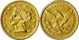 1851-C Liberty Head Quarter Eagle. AU-53 (PCGS).

Light to medium golden-yellow patina is seen on both sides of this attractive quarter eagle. Centr...