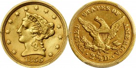 1855-C Liberty Head Quarter Eagle. EF Details--Repaired (PCGS).

Smooth and curiously textured beneath a glass bust still appealing to the naked eye...