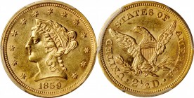 1859 Liberty Head Quarter Eagle. Breen-6245. Type I Reverse. AU-58+ (PCGS).

Lustrous pinkish-honey surfaces are sharply to fully defined over virtu...