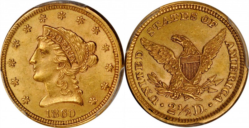 1860 Liberty Head Quarter Eagle. Type II Reverse. MS-62 (PCGS).

Handsome hone...