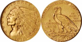 1911-D Indian Quarter Eagle. Strong D. MS-62 (NGC).

Warm honey-olive undertones backlight dominant golden-orange patina on both sides of this hands...