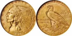 1912 Indian Quarter Eagle. MS-64 (NGC).

Highly lustrous with pretty rose-orange patina, this inviting near-Gem is also sharply defined over all but...