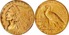 1914-D Indian Quarter Eagle. MS-64+ (PCGS). CAC.

Satin to softly frosted luster blends with pinkish-gold patina on both sides of this lovely near-G...