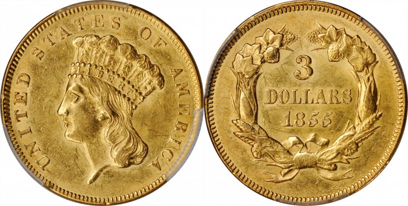 1855 Three-Dollar Gold Piece. AU-58 (PCGS).

A desirable near-Mint example wit...