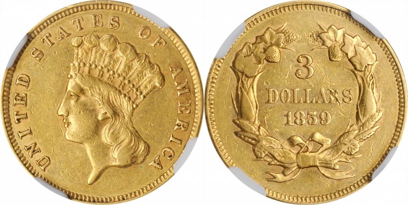 1859 Three-Dollar Gold Piece. AU-53 (NGC).

An attractive coin with lightly ci...