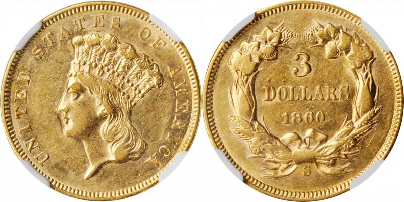 1860-S Three-Dollar Gold Piece. AU-55 (NGC).

Ample satin luster remains on bo...