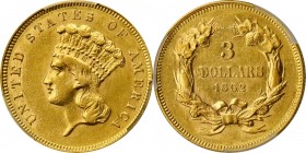 1862 Three-Dollar Gold Piece. AU-58 (PCGS).

An attractive example from this low-mintage issue with pale khaki-gold coloration across both sides. Si...