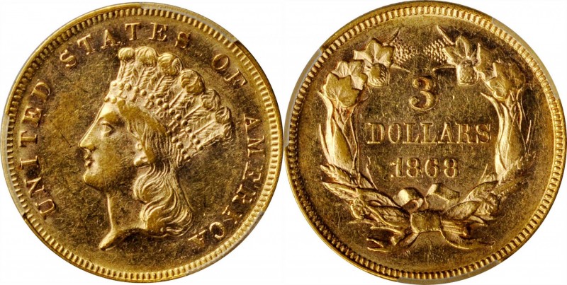 1868 Three-Dollar Gold Piece. AU-55 (PCGS).

Pale rose highlights enliven othe...