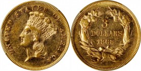 1868 Three-Dollar Gold Piece. AU-55 (PCGS).

Pale rose highlights enliven otherwise light golden-honey surfaces on both sides of this boldly to shar...