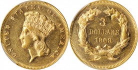 1869 Three-Dollar Gold Piece. AU-58 (PCGS).

The pale khaki complexion is adorned by creamy golden-tan patina across the high points. Boldly to shar...