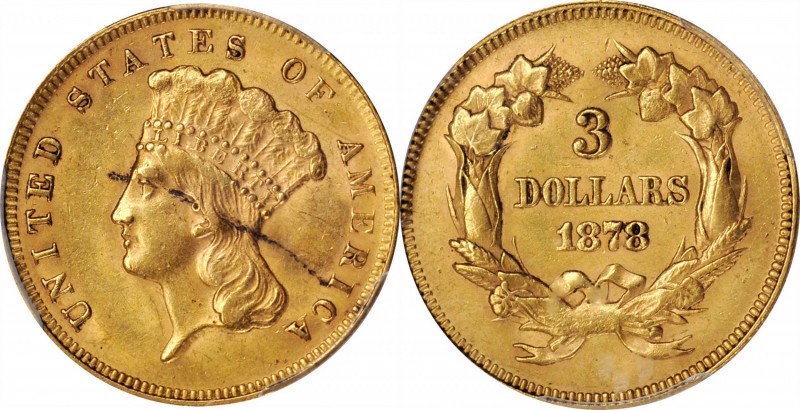 1878 Three-Dollar Gold Piece. MS-61 (PCGS).

This predominantly honey-rose exa...