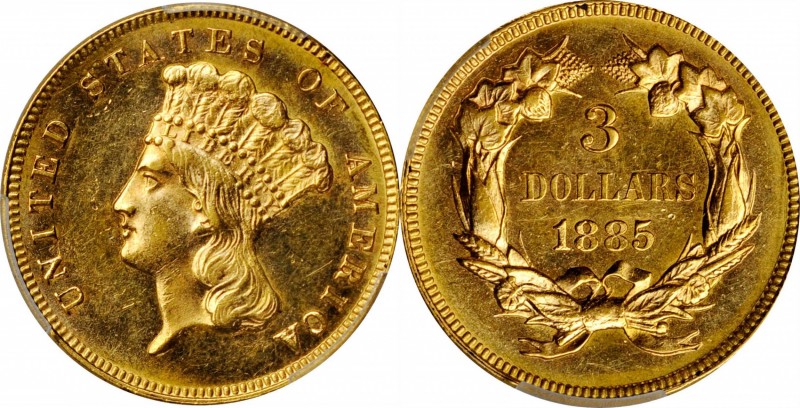 1885 Three-Dollar Gold Piece. MS-61 (PCGS).

Lovely honey-orange surfaces are ...