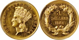 1886 Three-Dollar Gold Piece. AU-58 (PCGS).

With prooflike fields and sharply struck, softly frosted design elements, this bright golden-apricot ex...