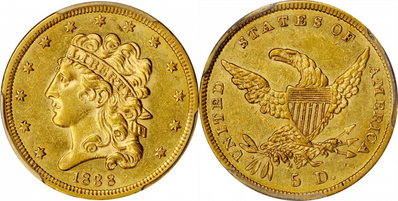 1838 Classic Head Half Eagle. McCloskey-2. Small Arrows, Large 5. AU-58 (PCGS)....