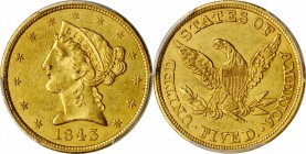1843 Liberty Head Half Eagle. MS-61 (PCGS). CAC.

Handsome honey-gold surfaces reveal a tinge of pale olive under a light. Satiny in finish with a r...