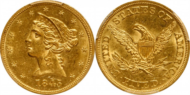 1845 Liberty Head Half Eagle. AU-58+ (PCGS).

A sharply struck 1845 half eagle...