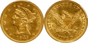 1845 Liberty Head Half Eagle. AU-58+ (PCGS).

A sharply struck 1845 half eagle with just a touch of wear on the highest points. Quite appealing for ...