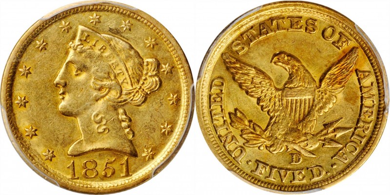 1851-D Liberty Head Half Eagle. With One Pinch of California Gold Dust. AU-55 (P...
