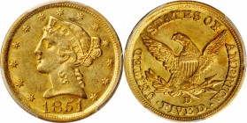1851-D Liberty Head Half Eagle. With One Pinch of California Gold Dust. AU-55 (PCGS). CAC.

Handsome honey-gold surfaces show intermingled blushes o...