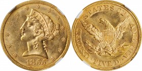 1855 Liberty Head Half Eagle. MS-62 (NGC).

This delightful Mint State half eagle is boldly to sharply struck with pretty pinkish-gold patina, full ...