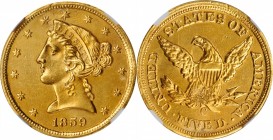 1859-C Liberty Head Half Eagle. AU Details--Plugged (NGC).

From a mintage of 31,847 half eagles produced in Charlotte in 1859, most survivors grade...