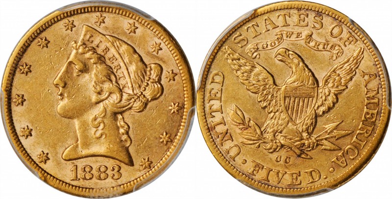 1883-CC Liberty Head Half Eagle. AU-55 (PCGS).

Attractive honey-gold surfaces...
