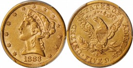 1883-CC Liberty Head Half Eagle. AU-55 (PCGS).

Attractive honey-gold surfaces are further enhanced by blushes of pale pinkish-rose. Ample luster re...