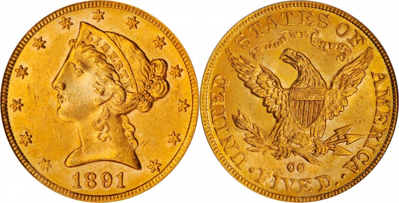 1891-CC Liberty Head Half Eagle. MS-63 (PCGS).

Beautiful rose-orange patina m...