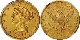 1892-CC Liberty Head Half Eagle. AU-55 (NGC).

This Almost Uncirculated Carson City Mint half eagle displays olive and orange-gold patina, Both side...