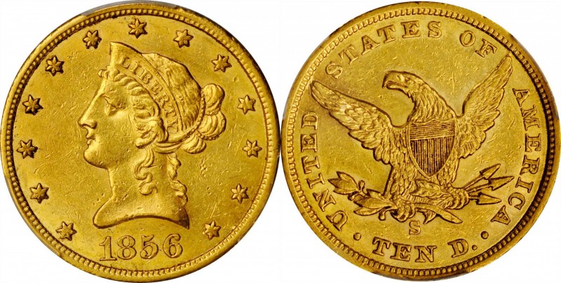 1856-S Liberty Head Eagle. AU-55 (PCGS). CAC.

Lustrous for the grade with ove...