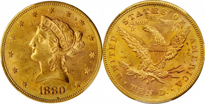 1880-S Liberty Head Eagle. MS-63+ (PCGS). CAC.

This San Francisco Mint eagle ...