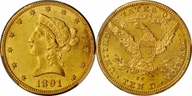 1891-CC Liberty Head Eagle. Winter 3-C, FS-501. Repunched Mintmark. AU-58 (PCGS).

An endearing near-Mint type candidate from the Carson City Mint e...
