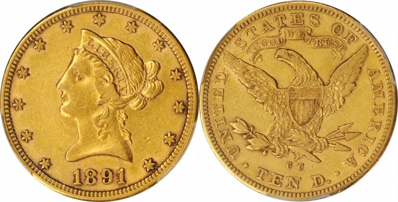 1891-CC Liberty Head Eagle. VF Details--Filed Rims (PCGS).

This example of a ...